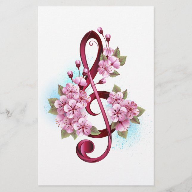 Papeterie Musical treble clef notes with sakura flowers (Devant)