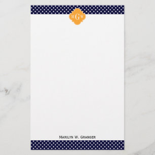 Papeterie Navy Wt Polka Dot Cantaloupe Quatrefoil 3 monogram