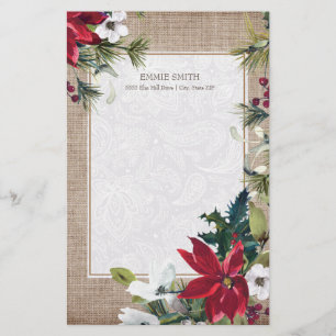 Papeterie Noël Burlap Dentelle Poinsettias Feuilles Vertes
