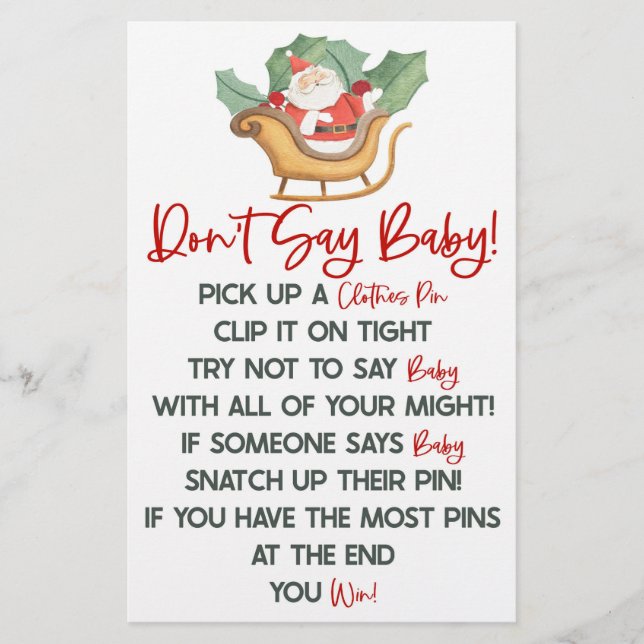 Papeterie Noël du Père Noël ne dit pas jeu de Baby shower (Devant)