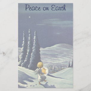 Papeterie Noël vintage, ange de neige marchant avec une étoi