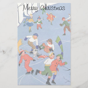 Papeterie Noël vintage, enfants patinant sur un lac