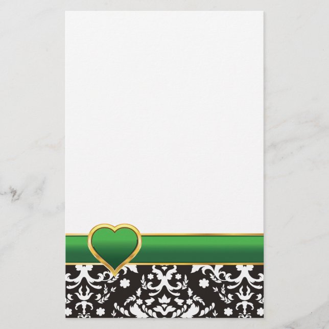 Papeterie Noir blanc damassé avec bande verte et coeur (Devant)