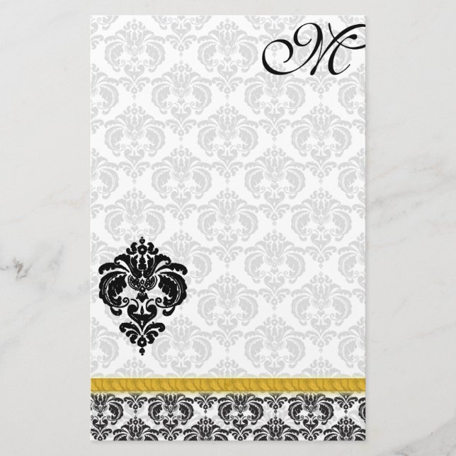 Papeterie Noir et blanc Damas Monogram Gold Ribbon (Devant)