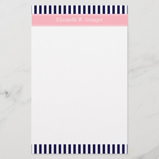 Papeterie Nom bleu bleu bleu blanc rayure rose Monogramme (Devant)