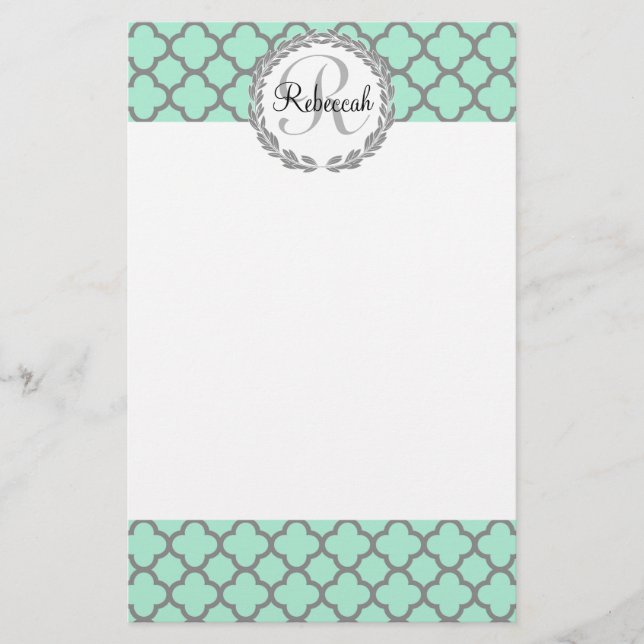 Papeterie Nom du monogramme de Quatrefoil vert et gris (Devant)