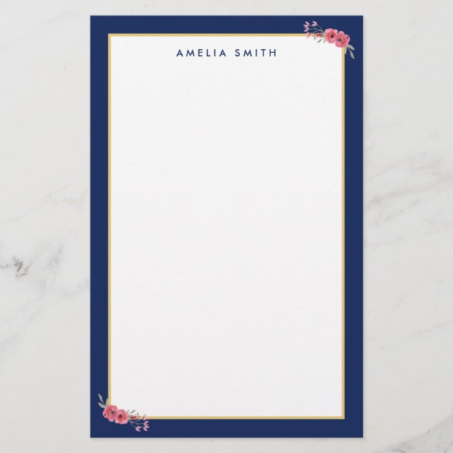 Papeterie Nom personnalisé chic Bordure bleue Fleurs roses (Devant)