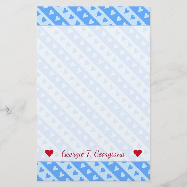 Papeterie Nom personnalisé + Motif Coeurs et rayures bleus (Devant)