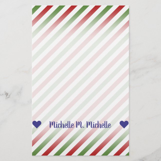 Papeterie Nom personnalisé ; Motif rayé rouge, blanc et vert (Devant)