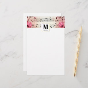Papeterie Notes musicales et Monogramme Vintage Rose