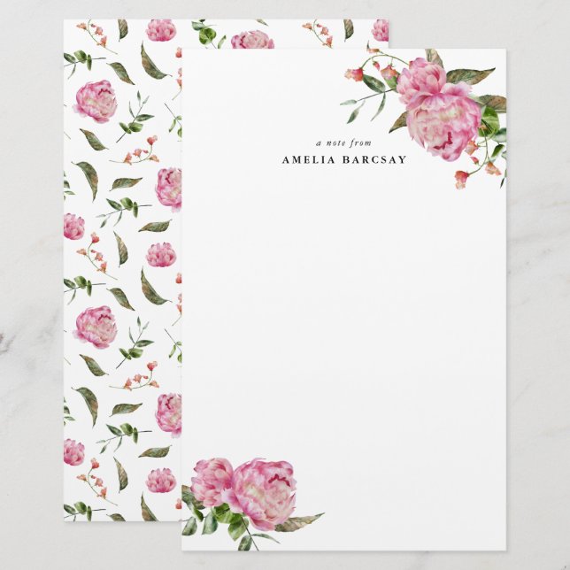Papeterie Papier à lettres floral rose Peony (Devant / Derrière)