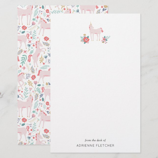 Papeterie Papier à lettres Unicorne rose personnalisé (Devant / Derrière)