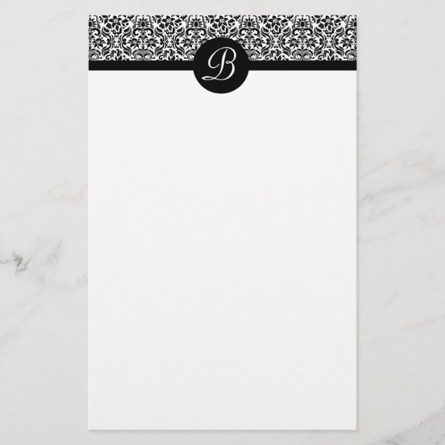 Papeterie Papier d'écriture monogramme noir et blanc Damask (Devant)