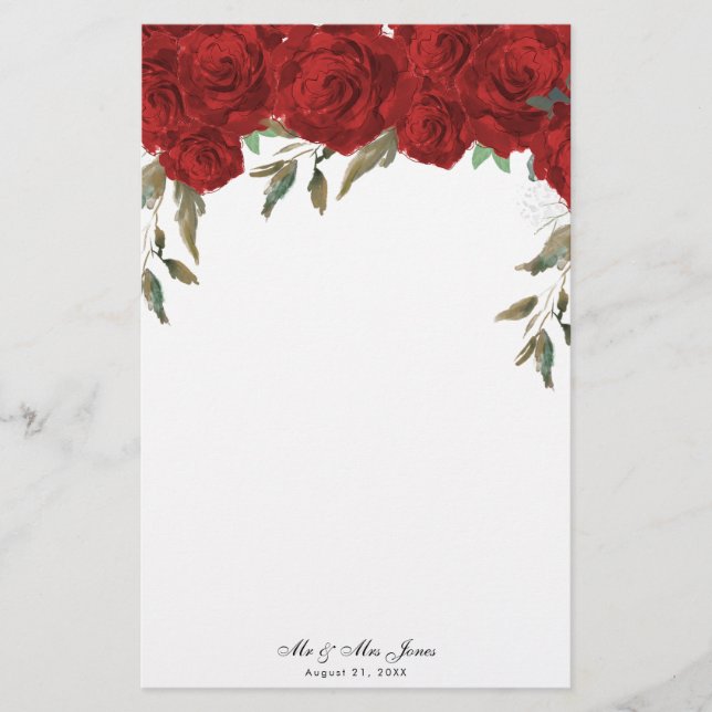 Papeterie Papier mariage vert à roses rouges (Devant)