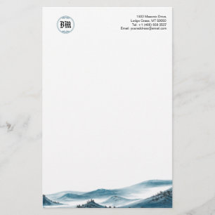 Papeterie Papier Monogramme Bleu Blanc Montagne Vue