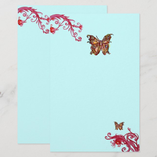 Papeterie PAPILLON D'OR ET BAIES ROUGES Floral Bleu sarcelle (Devant / Derrière)