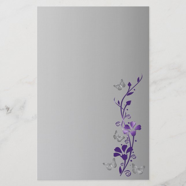 Papeterie Papillons floraux violets, gris, papier à lettres  (Devant)