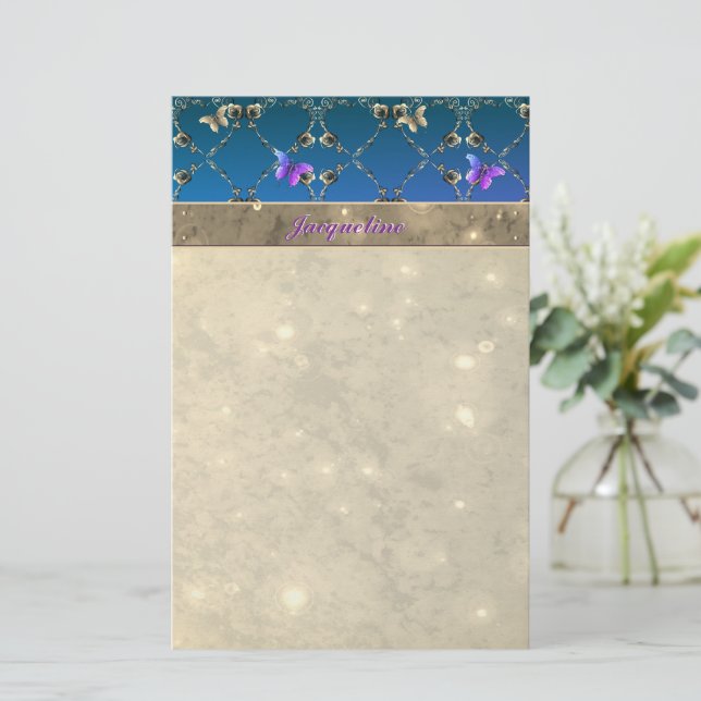 Papeterie Papillons Roses bleus avec nom Papier à lettres (Debout devant)