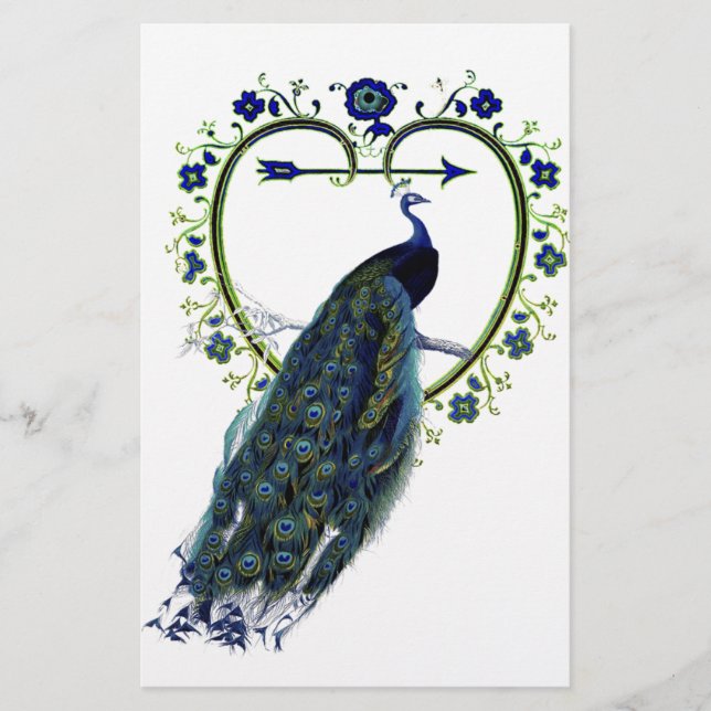 Papeterie Peacock étonnant et cadre de fleur de coeur orné (Devant)