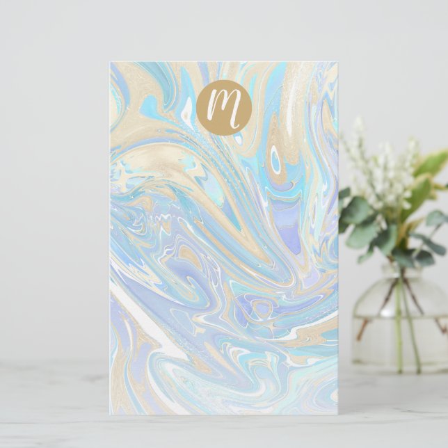 Papeterie Pearlescent Aqua & Gold Liquide Marbre & Monogramm (Debout devant)