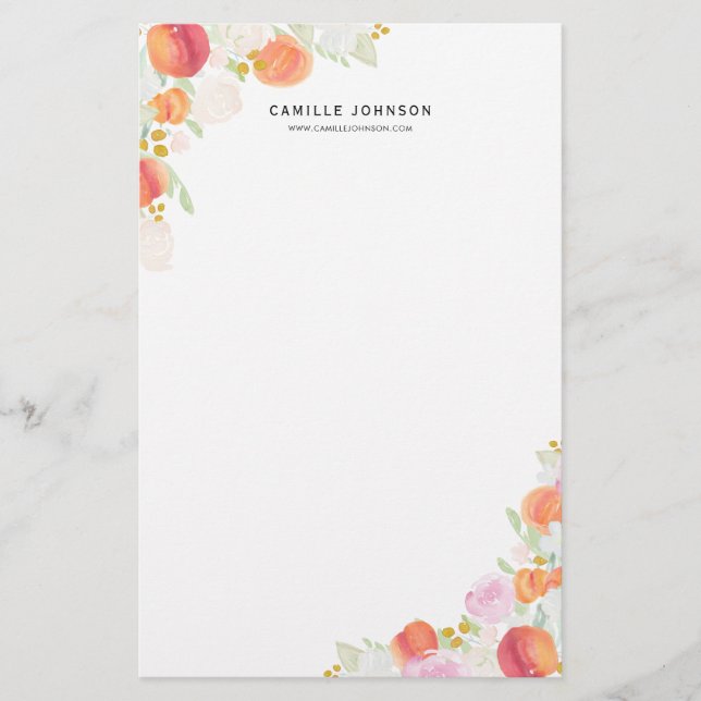 Papeterie Pêches et fleurs d'aquarelle personnalisées (Devant)