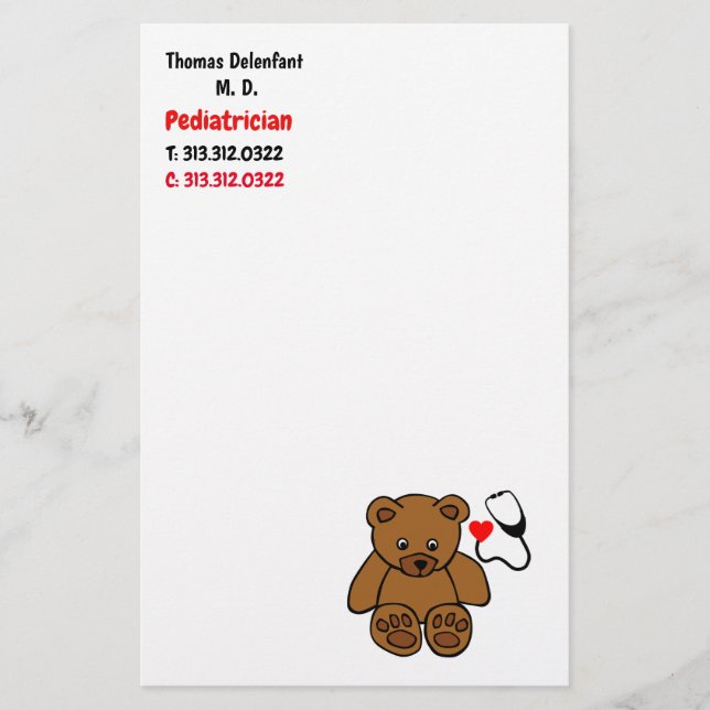 Papeterie Pédiatre - stéthoscope en peluche et coeur (Devant)