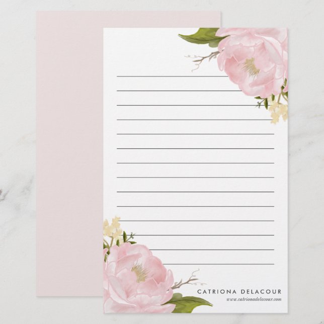 Papeterie Peonies d'aquarelle peintes à main rose personnali (Devant / Derrière)