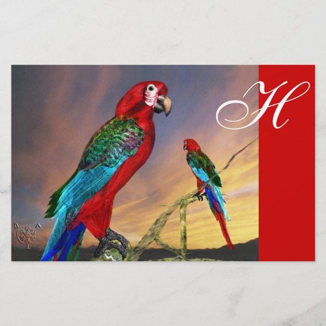 PAPETERIE PERROQUETS HYPER / ARA ROUGE  MONOGRAMME (Devant)
