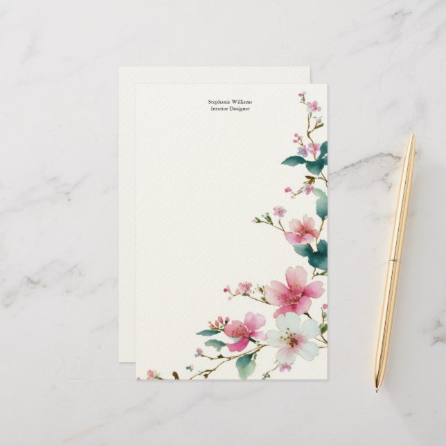 Papeterie Personalized  Pink White Wildflowers Florals  (Devant/Arrière en situation)