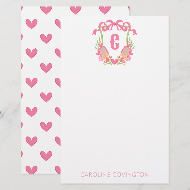 Papeterie Pickleball rose et vert Paddle Monogram Crest (Devant / Derrière)