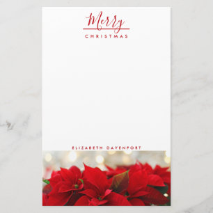 Papeterie Poinsettias rouges avec Golden Bokeh Noël