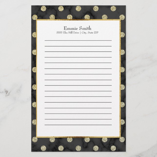 Papeterie Pointe Polka Noir et Or Personnalisé (Devant)