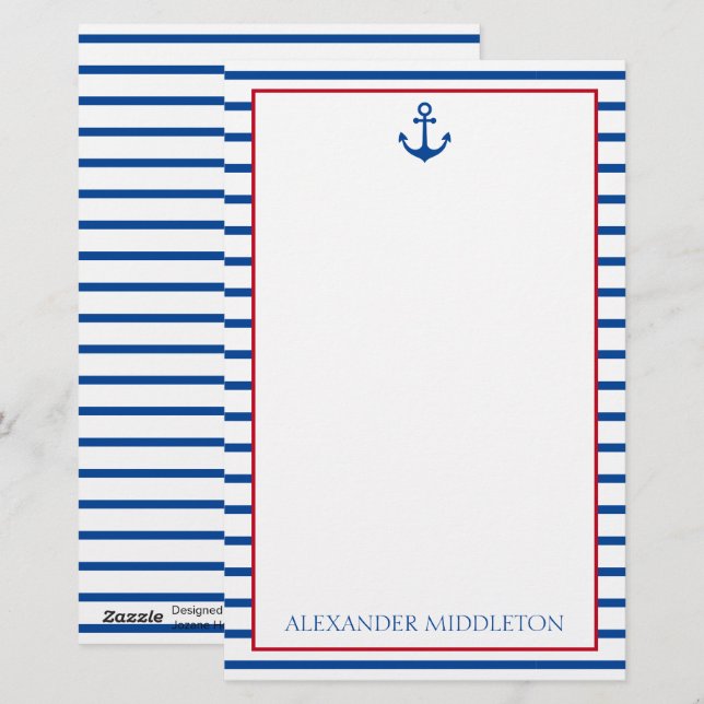 Papeterie Preppy Nautical Stripes et Ancre Personnalisé (Devant / Derrière)