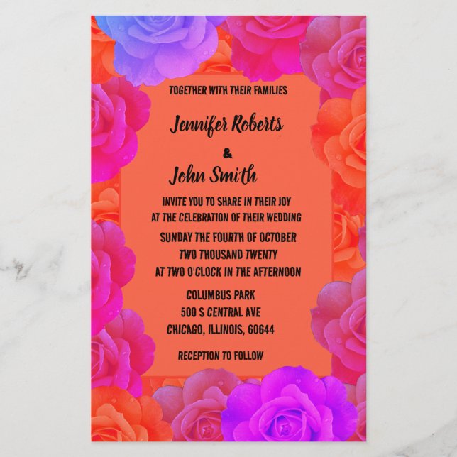 Papeterie QR Code Roses rose orange violet Mariage Floral (Devant)