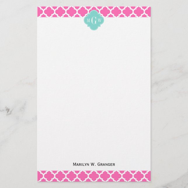 Papeterie Rose Chaud2 Avec Marocain #5 Turquoise 3 Init Mono (Devant)