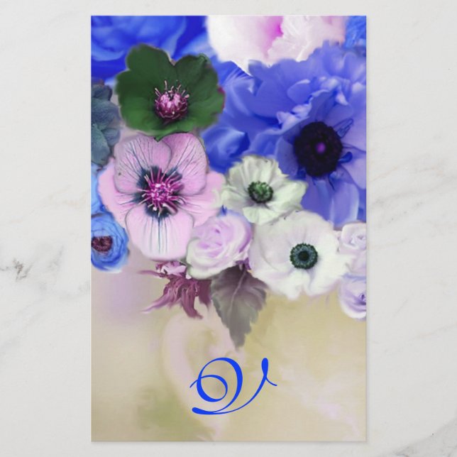 PAPETERIE ROSES BLANCS BLEUS ET FLEURS D'ANÉONE MONOGRAMME (Devant)
