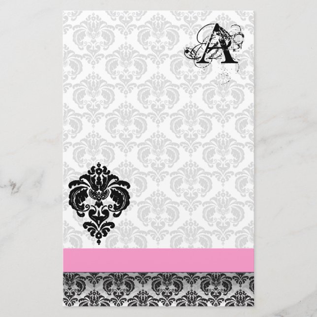 Papeterie Ruban rose Noir Damas Monogramme Papier Recyclé (Devant)