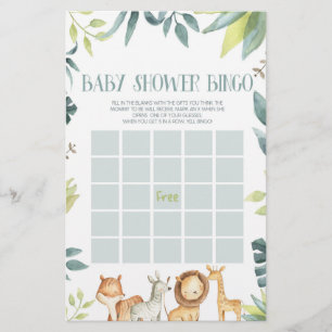 Papeterie Safari Zoo Jungle Animaux Bingo Baby shower Jeu