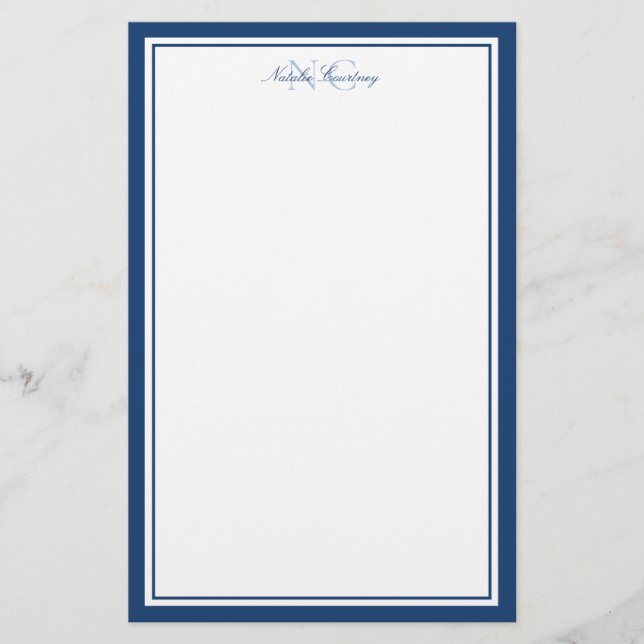 Papeterie Script Bleu Marine Deux Bordures Monogramme Vertic (Devant)