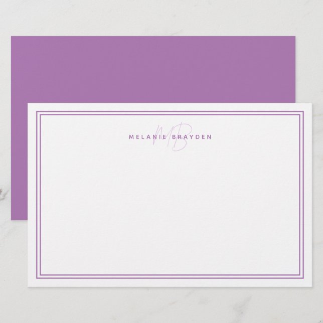 Papeterie Simple Lavande Minimale Monogramme Deux Bordures (Devant / Derrière)