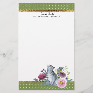 Papeterie Taches vertes blanches pois or gris Fleurs de chat