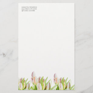 Papeterie Tulipe, aquarelle, rose et vert,