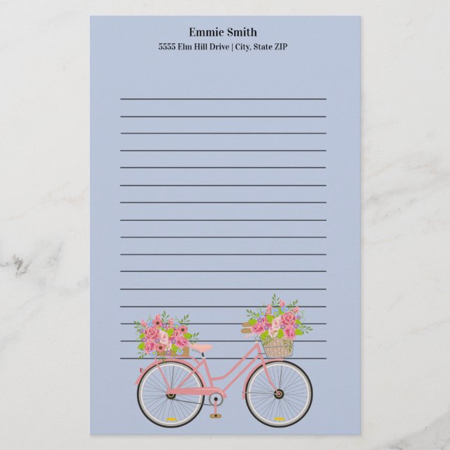 Papeterie Vélo rose mignon personnalisé avec Fleurs Bleu (Devant)