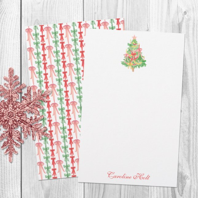 Papeterie Watercolor Coquette Bow Christmas Tree Personalize (Créateur téléchargé)