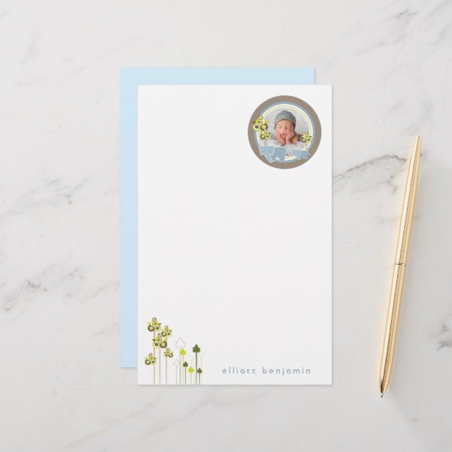 Papeterie Whimsical Blue Elephants Famille Baby Boy Photo (Devant/Arrière en situation)