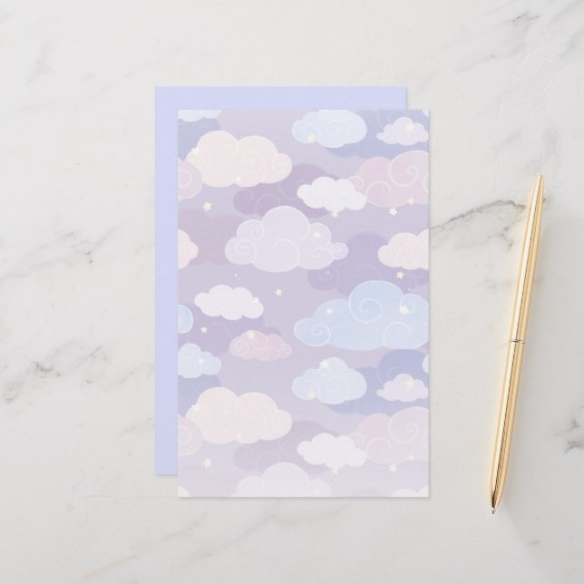 Papeterie Whimsical Pastel Clouds et étoiles Motif (Devant/Arrière en situation)
