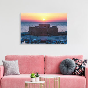 Paphos Castle at sunset, drone view Canvas Print