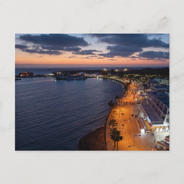 Paphos seafront and harbor at night postcard (Front)