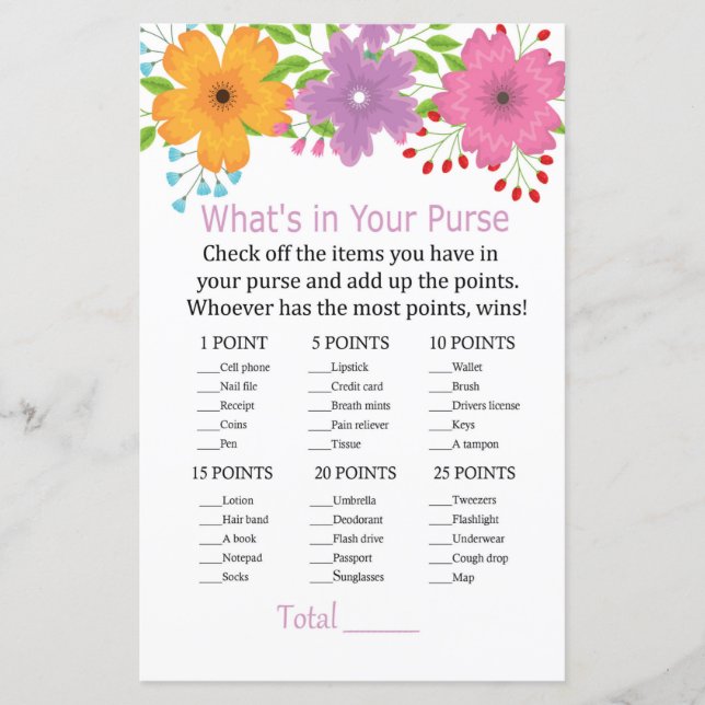 Papier С fleurs à l'eau Qu'y a-t-il dans votre sac à main (Devant)