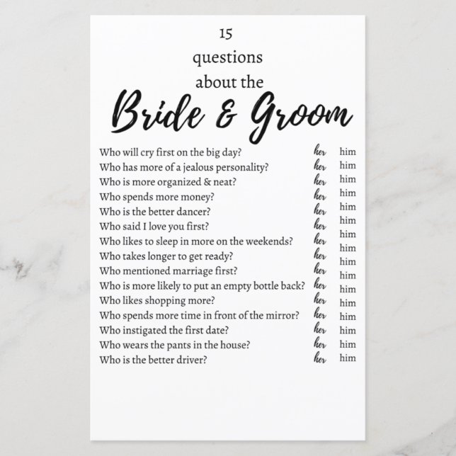 Papier 15 Questions About the Bride & Groom Wedding Game  (Devant)
